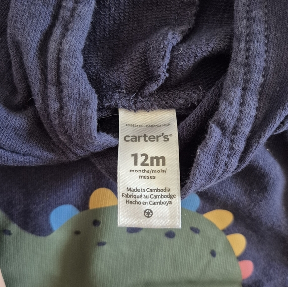 Carter’s Boy’s Navy Dinosaur Hoodie – Size 12 Months - Picture 2 of 3
